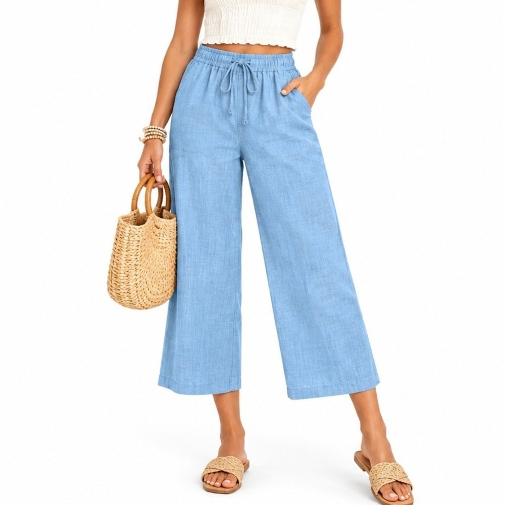 J Jill Pants Linen Wide Leg Pants Women 8 Light Blue Cargo Cropped Casual Summer